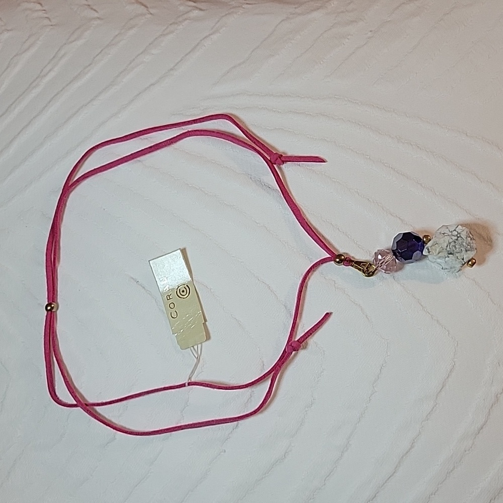 NECKLACE Pink Suede Adjustable CORAL Brand PINK white & blue violet  stones